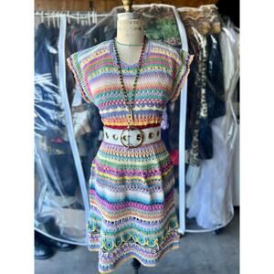 Hand Crochet Mini Dress Multicolor Rainbow Striped Boho Mexico Festival M